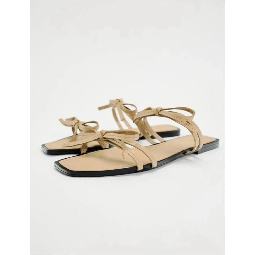 ZARA Women's Strappy Bow Trim LEATHER FLAT SANDAL SIZE 37 (6.5-7) Beige - Picture 3 of 7